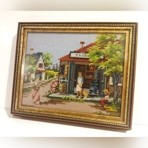 Vintage Framed Needlepoint Village Scene
